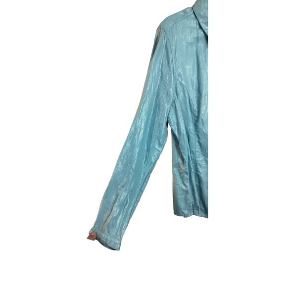4289)Susan Graver  Aqua Blue Linen Metallic detail Button Up Long Sleeve Top L - Picture 2 of 8
